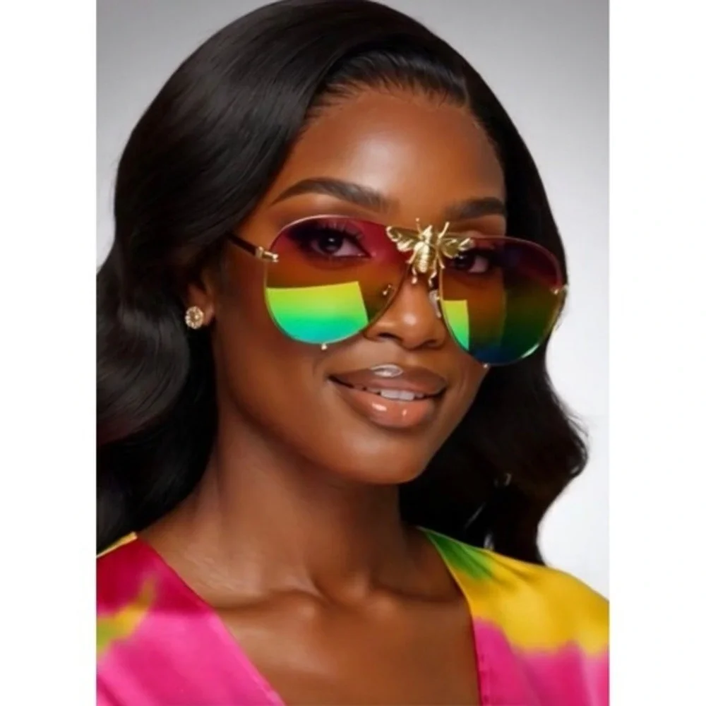 Bee Aviator Sunglasses Rainbow Lens Gold Frame Fashion Statement Sun Glasses New